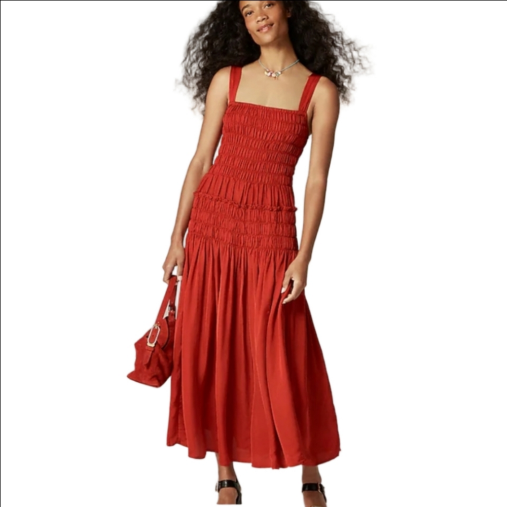 J Crew Smocked midi dress CK734 Size M  $188 Retail Red NWT